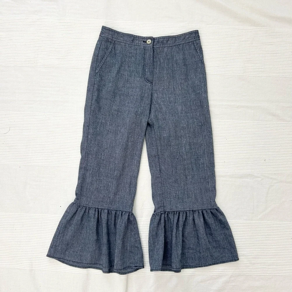 Anthropologie Ett Twa Chambray Linen Ruffle Crop Pants - Picture 6 of 16